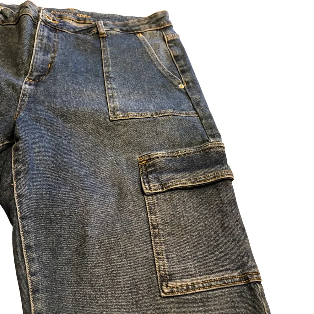 Michael Kors Wide Leg Cargo Jeans Women's 14 Blue Denim Utility Carpenter Pant‎